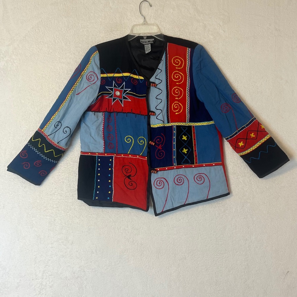 Indigo Moon Patchwork Embroidered Artisan Jacket Multi Color Toggle Button Small
